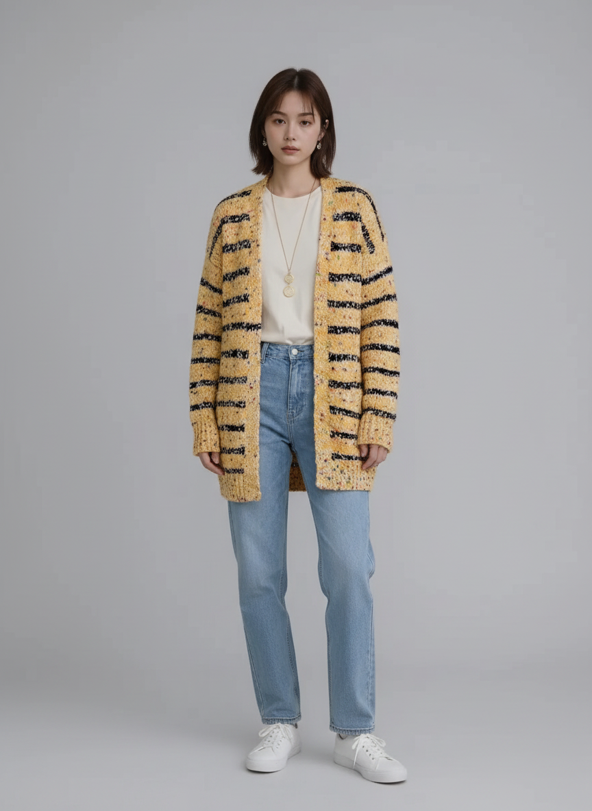 Striped Open Front Long Sleeve Cardigan