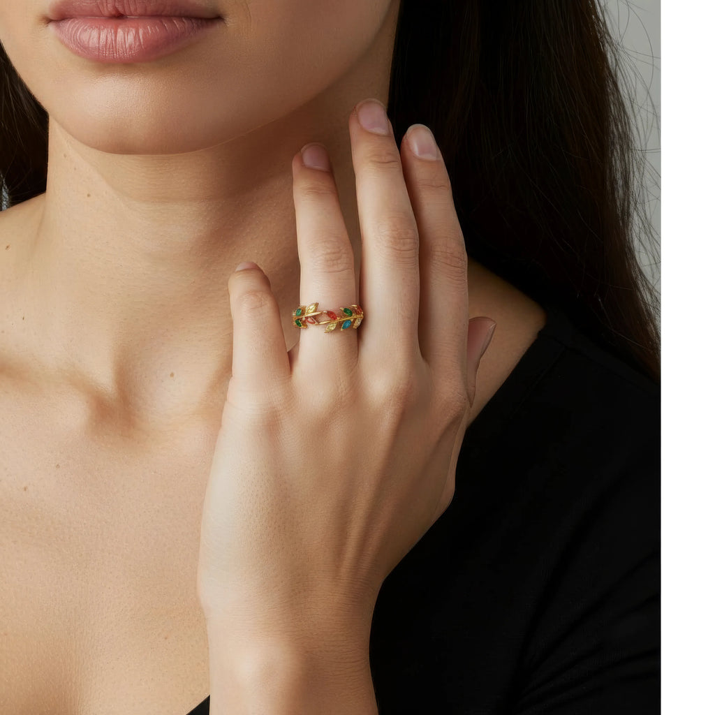 Vintage Touch multicolor Leaf Zircon Open Ring