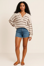 Stripe Ribbed Henley Drop Shoulder Slouchy Sweater