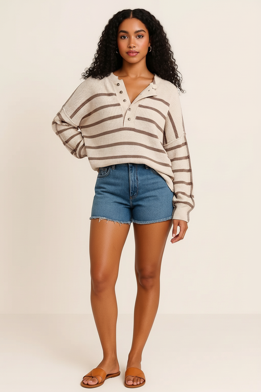 Stripe Ribbed Henley Drop Shoulder Slouchy Sweater