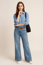 Lace Detail Cropped Wide Leg Jeans