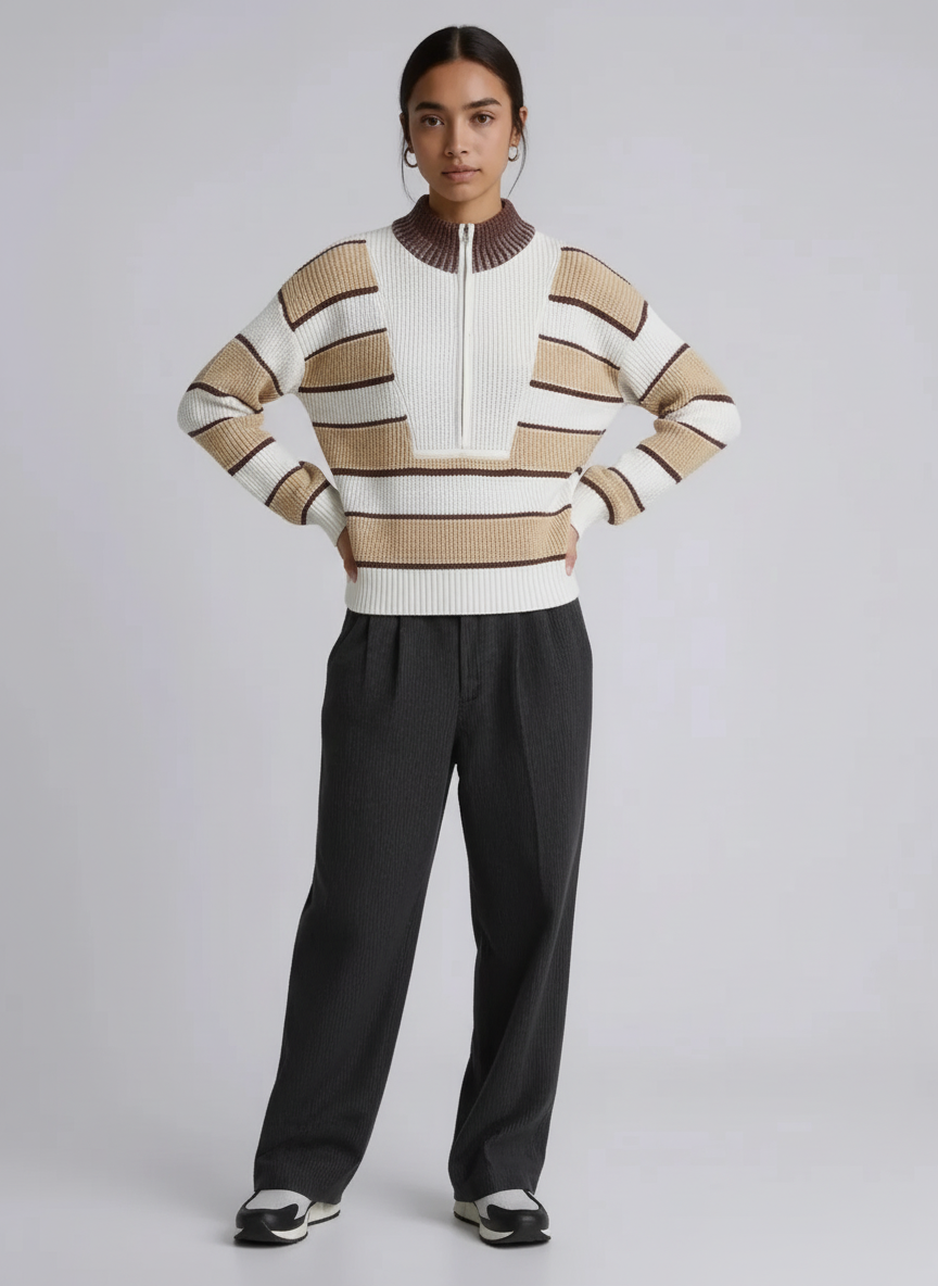 Stripe Half Zip Drop Shoulder Sweater