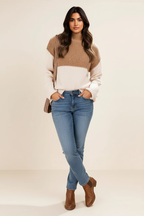 Slit Color Block Turtleneck Long Sleeve Sweater