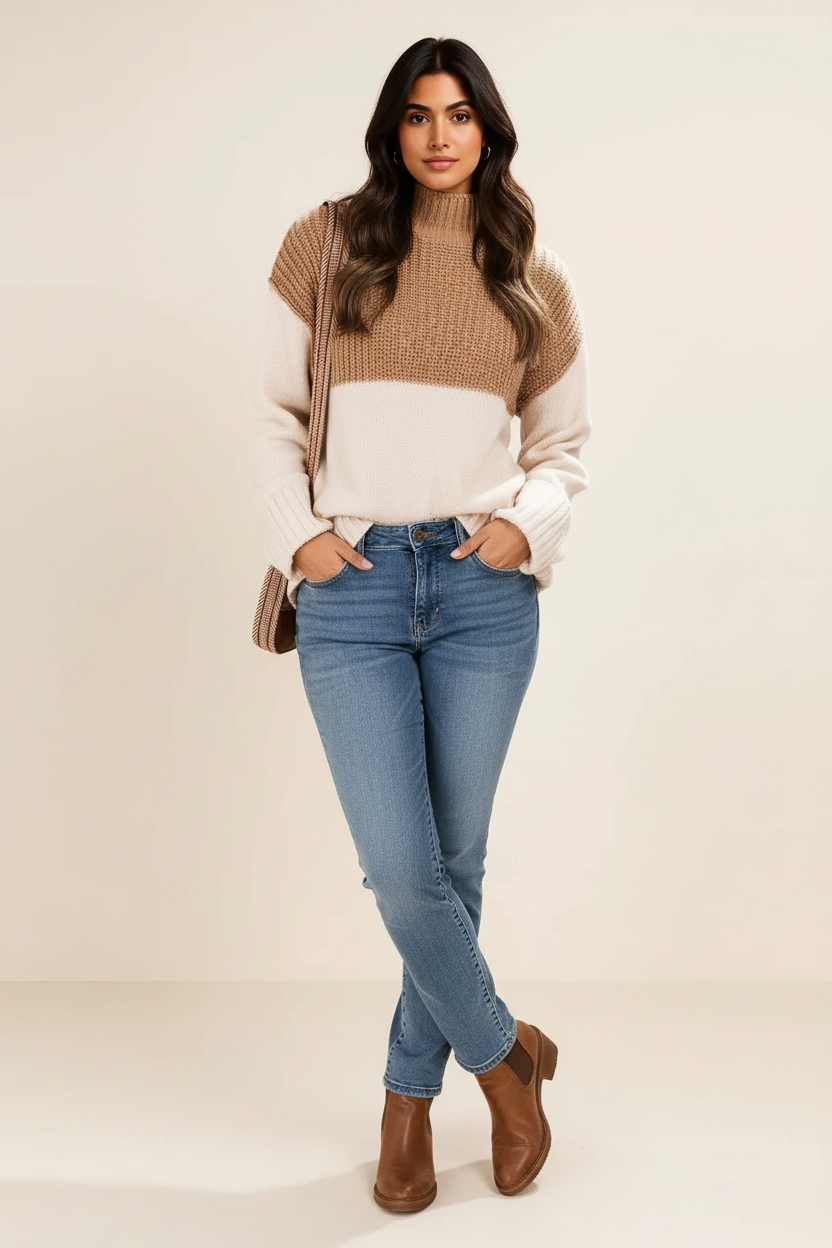 Slit Color Block Turtleneck Long Sleeve Sweater