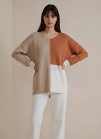 Color Block Knit V Neck Loose Sweater