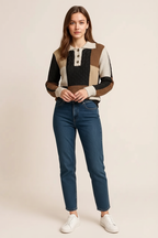 Multicolour Color Block Cable Knit Sleeve Buttons Collared Sweater