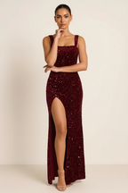 Peachy Slit Sequin Square Neck Wide Strap Dress