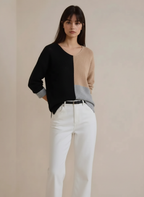 Color Block Knit V Neck Loose Sweater
