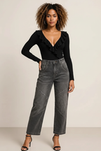 Exposed Stitching Loose Straight High Waist Jeans