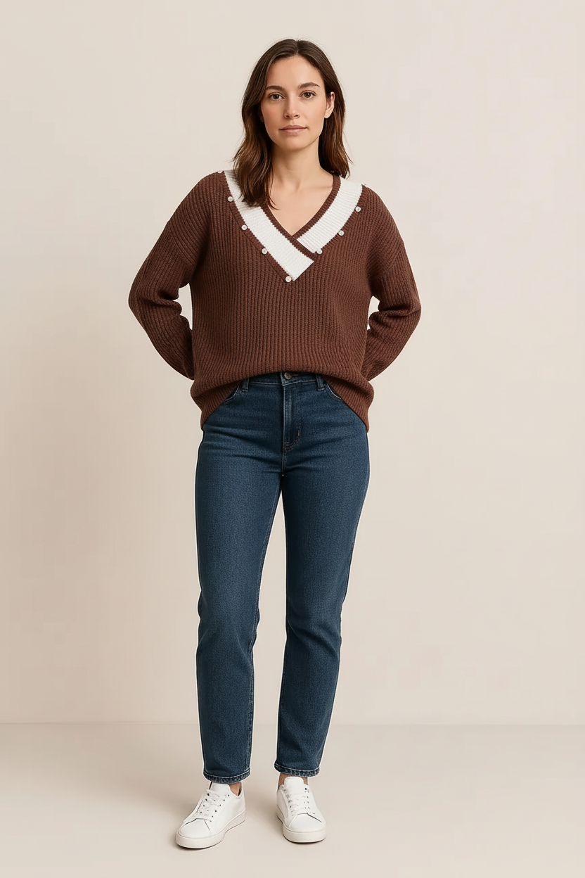 Contrast Trim Dropped Shoulder Long Sleeve Sweater