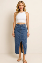 Slit Midi Denim Skirt with Pockets
