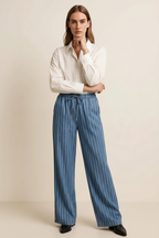 Stripe Chambray Wide Leg Tied Elastic Waist Jeans