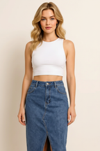 Slit Midi Denim Skirt with Pockets