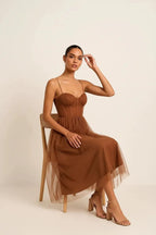 Peachy Sweetheart Neck Tulle Midi Dress