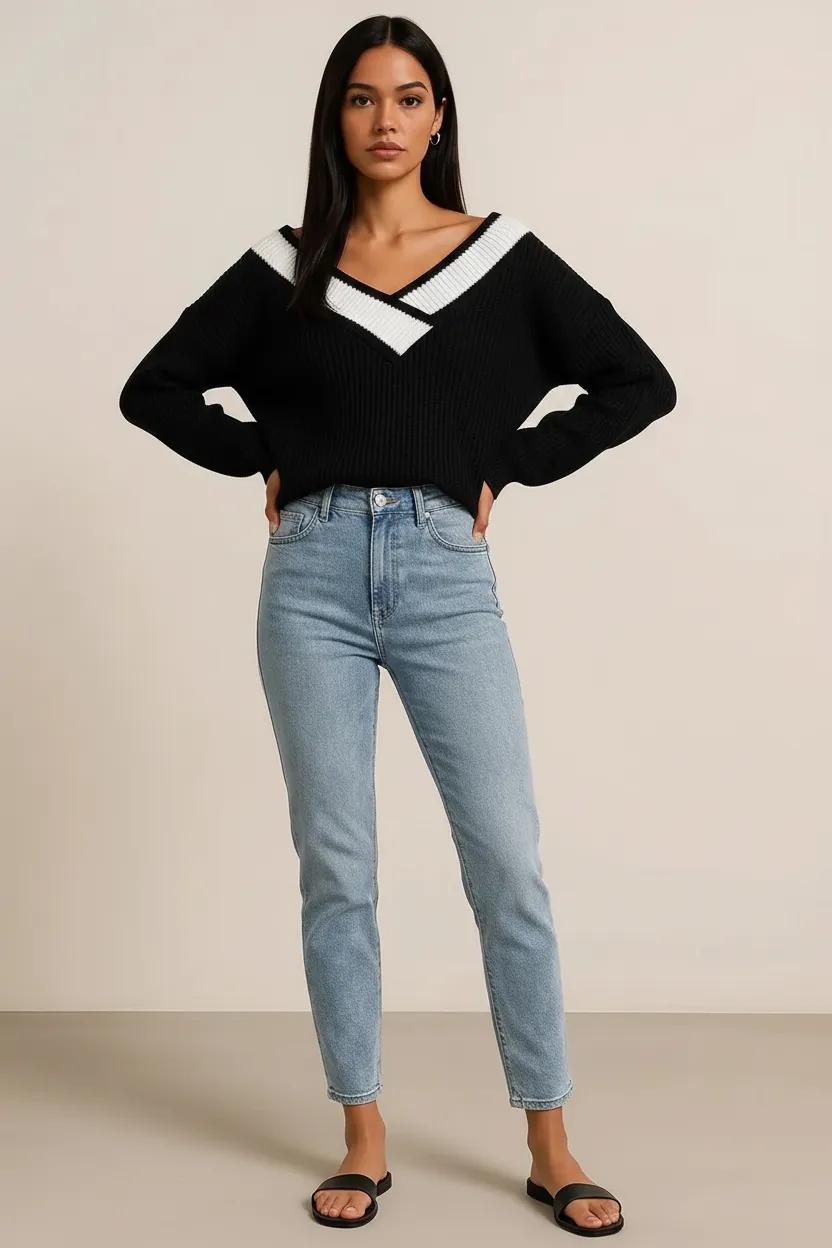 Contrast Dropped Shoulder Long Sleeve Sweater