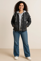 Distressed Drawstring Long Sleeve Hooded Denim Jacket
