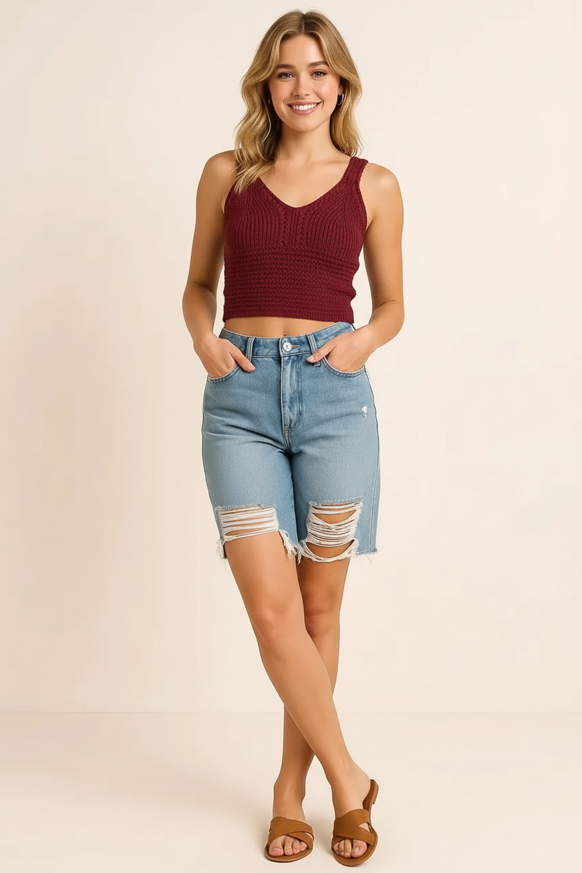 Cable Knit Pointelle Slim Fit V Neck Sweater Vest