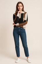 Multicolour Color Block Cable Knit Sleeve Buttons Collared Sweater