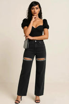 Ripped Wide Leg Wash Denim Jeans