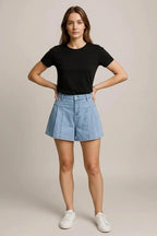 Pleated Patchwork Panel Lightweight Denim Shorts