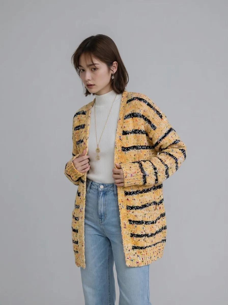 Striped Open Front Long Sleeve Cardigan