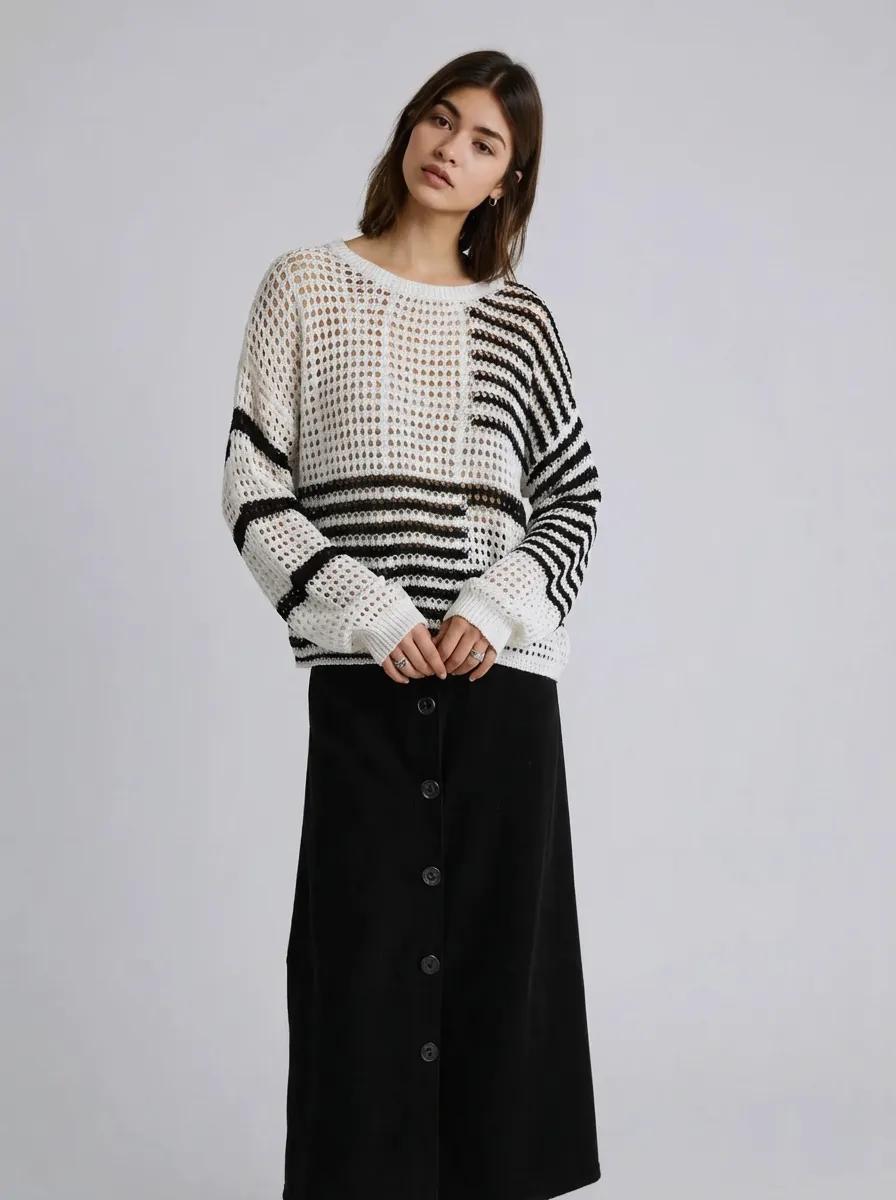 Contrast Striped Crochet Long Sleeve Knit Cover Up