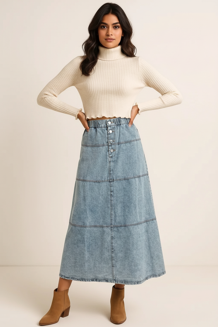 Button-Front Tiered Maxi Denim Skirt