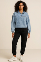 Quarter Zip Collared Neck Denim Top