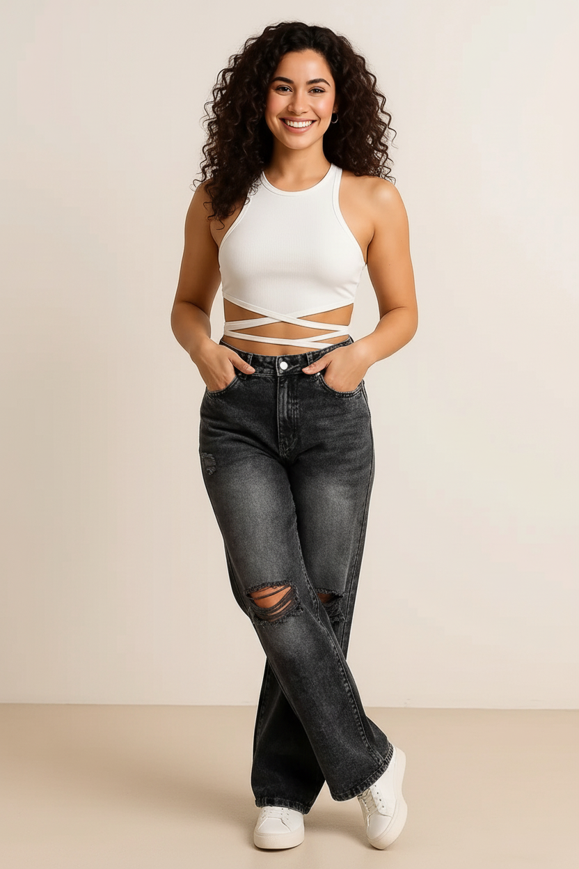 Distressed Wide Leg Jeans with Pockets