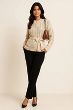 Cable Knit Belted Cardigan with Button Front