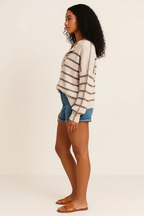 Stripe Ribbed Henley Drop Shoulder Slouchy Sweater
