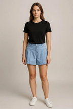 Pleated Patchwork Panel Lightweight Denim Shorts