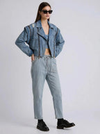 POL Cropped Denim Jacket with Functional Zipper Detail