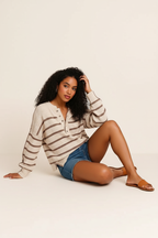 Stripe Ribbed Henley Drop Shoulder Slouchy Sweater